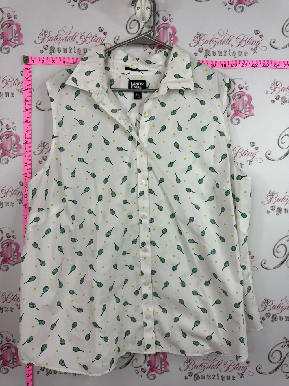 Lands' End White Sleeveless Button-Front Tank with Green Tennis Racket Print